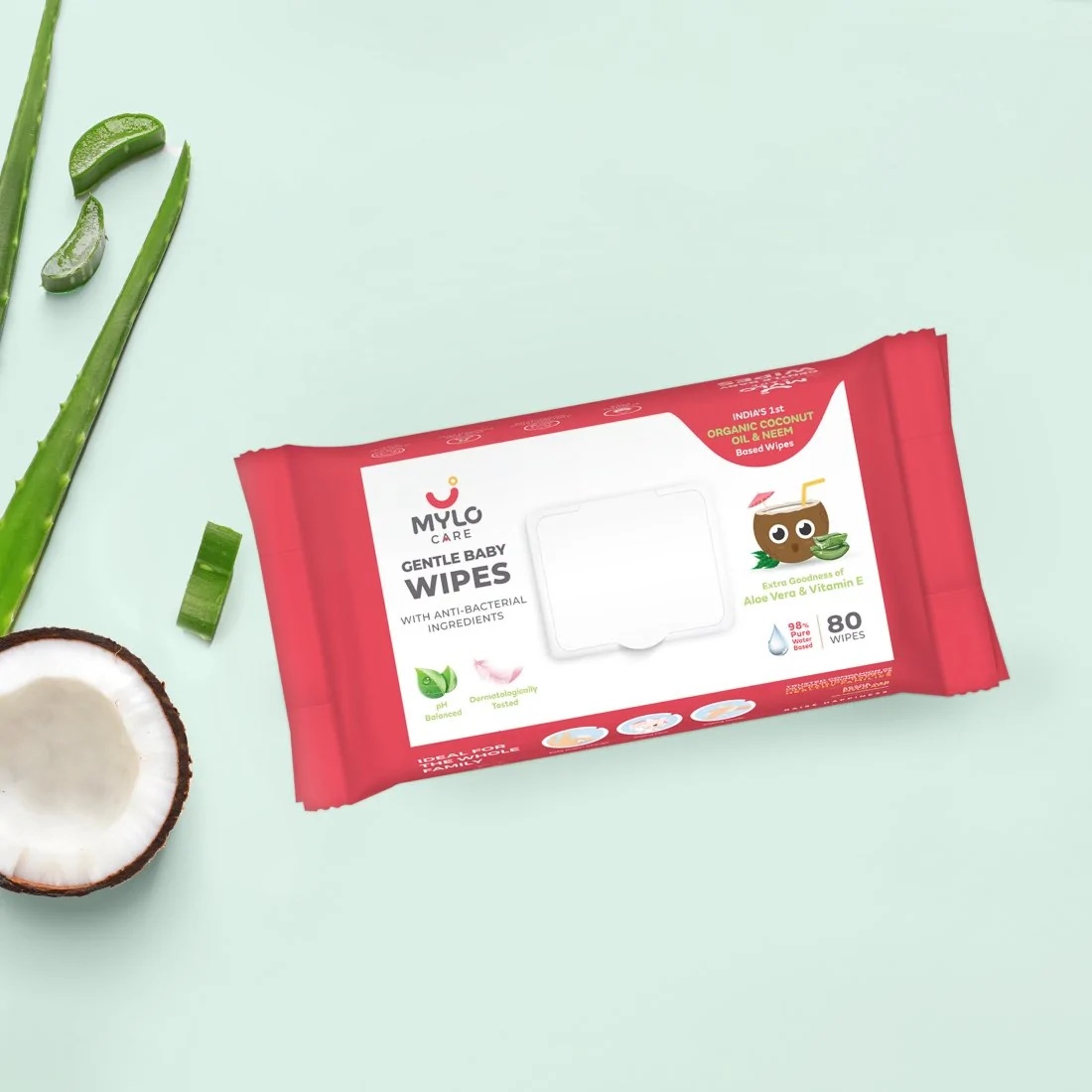 Mylo Care Gentle Baby Wipes with Organic Coconut Oil & Neem With Lid (80 Each) 1s